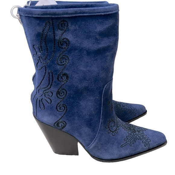 REBEL Avery Embroidered Pointed Navy Blue Toe Boots - Picture 1 of 8